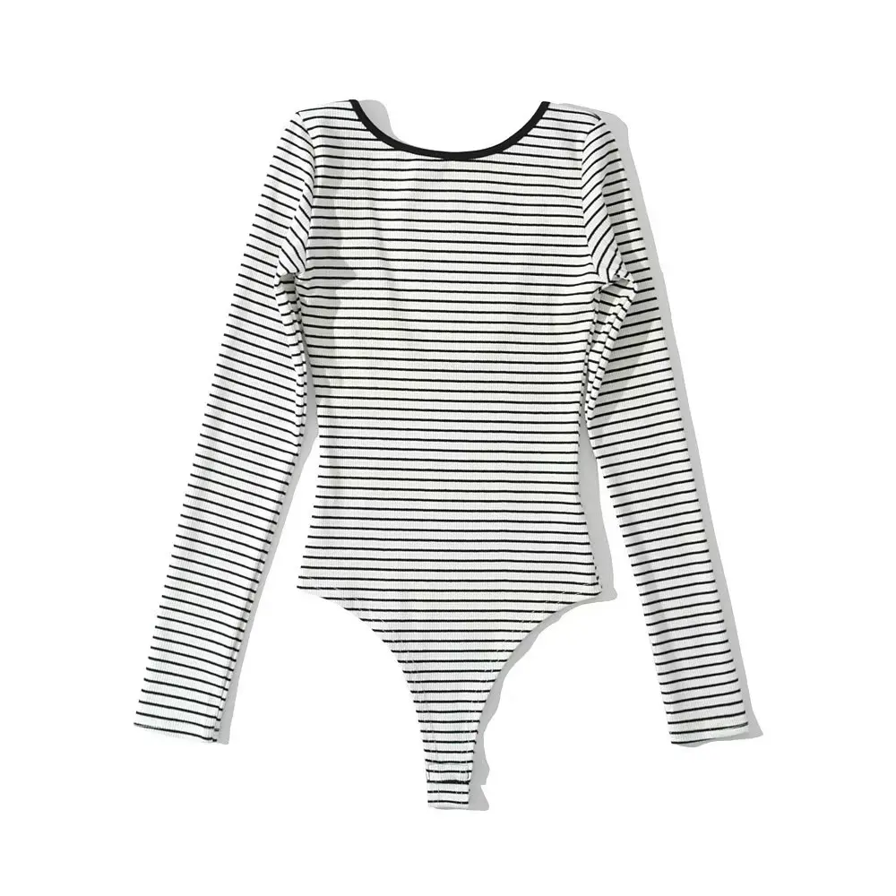 Women Sexy Backless Striped Bodysuits Long Sleeve Stretchable Slim Jumpsuits