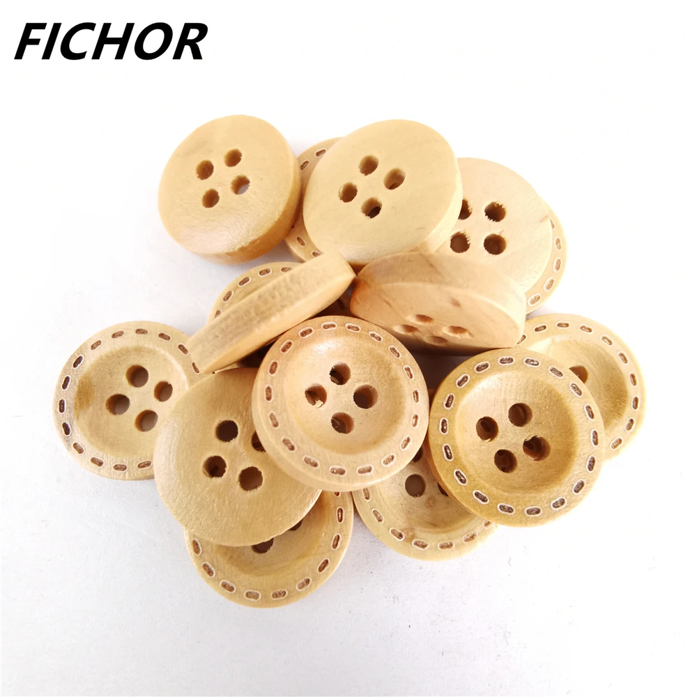 30/50pcs 15mm 4 Holes Brown Dotted Line Wooden Buttons Handmade Decorative Button For Apparel DIY Sewing Accessories