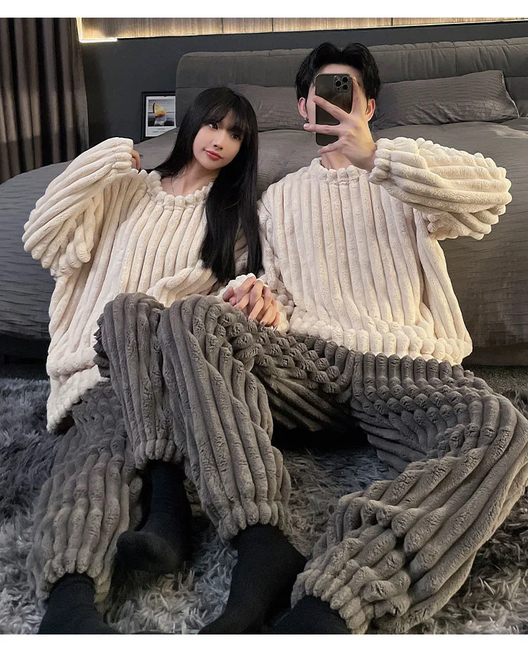 Yasuk Winter Women\'s Men Casual Warm Soft Pullover Sleepwear Pajamas With Pants Velvet Fleecel Couple Unisex Simple Stripes