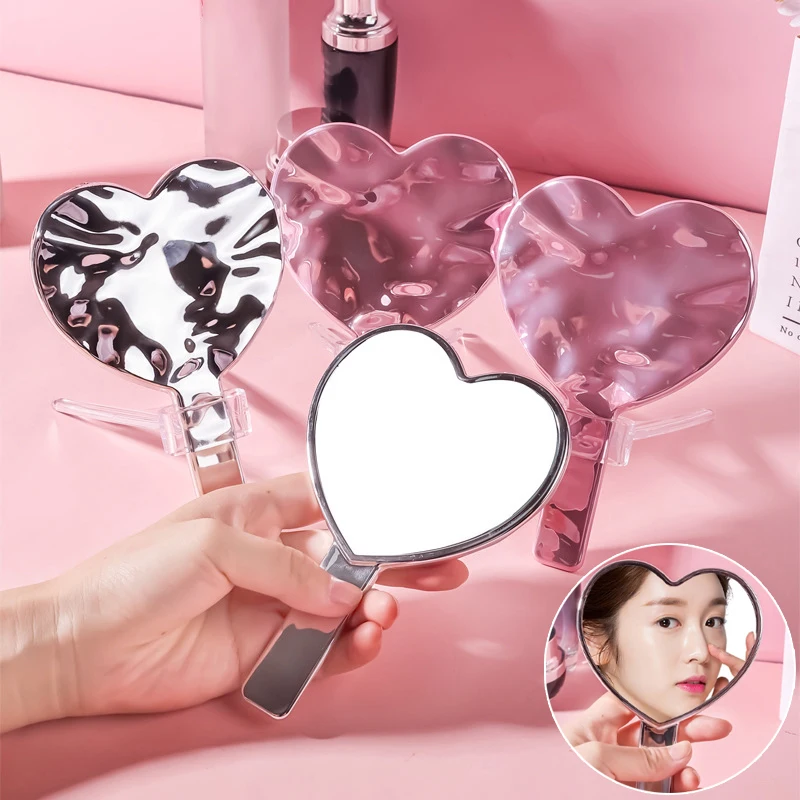 Espejo portátil Ins con forma de corazón, espejo cosmético de escritorio de mano, espejo de maquillaje, espejo metálico de alta definición para viaje