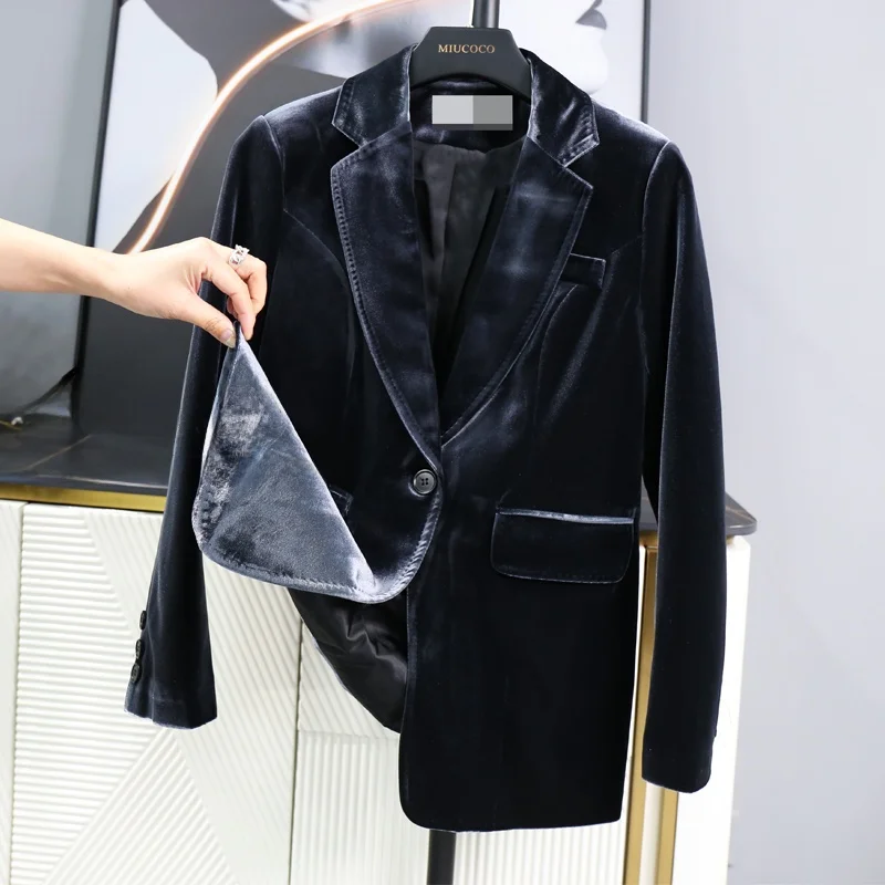 Velvet Suit Jacket Women's Casual Fashionable High-Quality Autumn Winter Outerwear Button-Up Long Sleeve Classic Collar