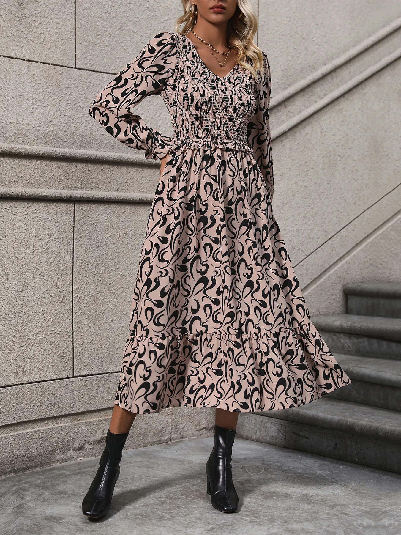 Women's Khaki Black Floral Print V Neck Long Sleeve Smocked Waist Midi Dress Autumn Winter Casual Party Daily Elegant
