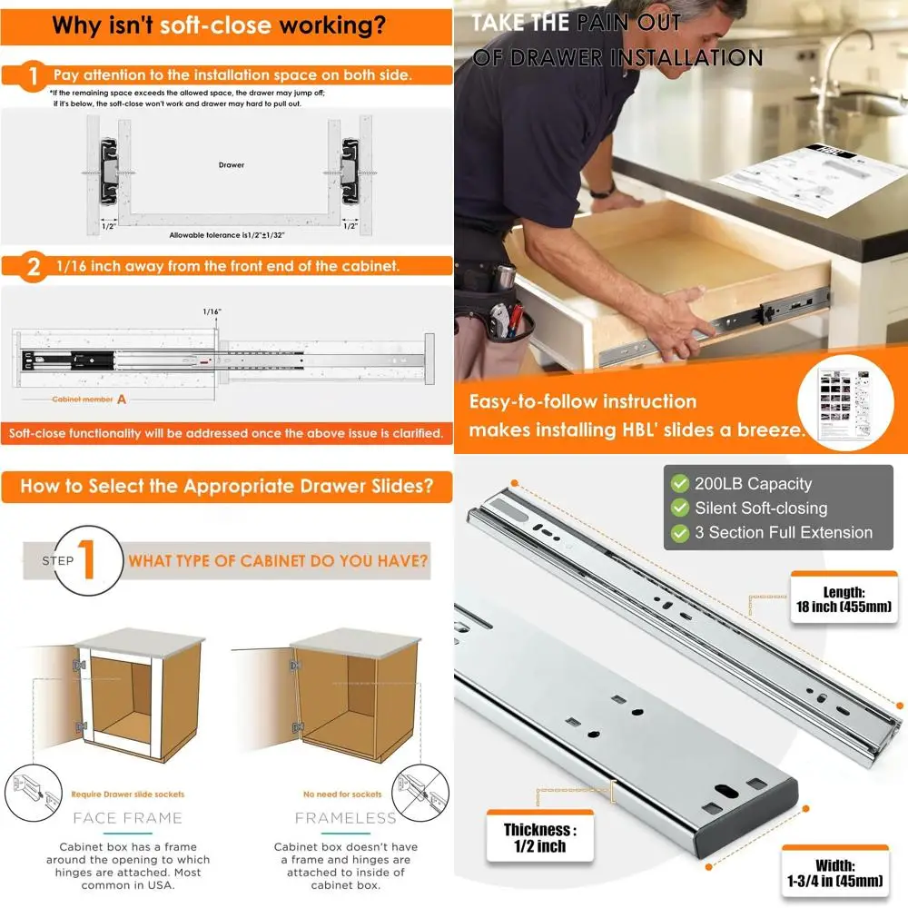 

18-дюймовые усиленные направляющие для выдвижных ящиков шкафов с полным выдвижением, грузоподъемность 200 фунтов, холоднокатаная сталь, устойчивая к ржавчине