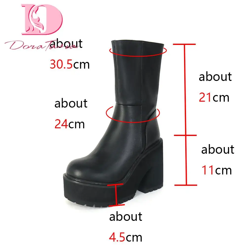 DoraTasia New Ladies Boots Platform Heels Chunky High Heels Women mid-calf Boots Zip Round Toe Solid Shoes Woman Autumn Winter