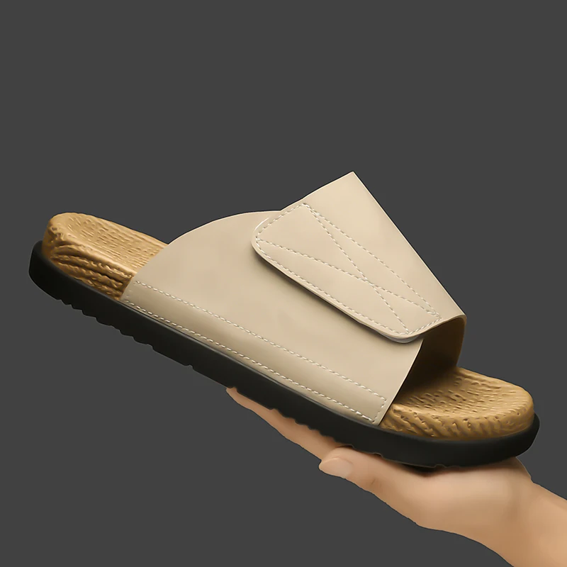 PU Leather Slippers For Men Slides Sandals Adjustable Hook&Loop EVA Textured Footbed Big Size 47 48