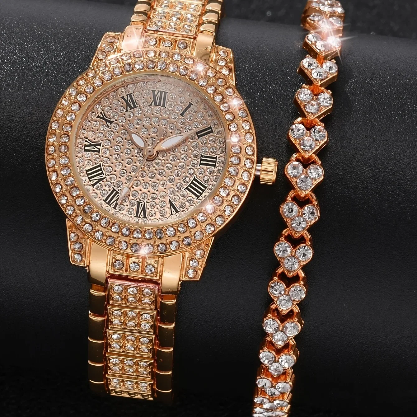 Golden Rhinestone Bracelet Quartz Watch Set Fancy Women Watches Jewelry Sophisticated And Stylish Women Watch