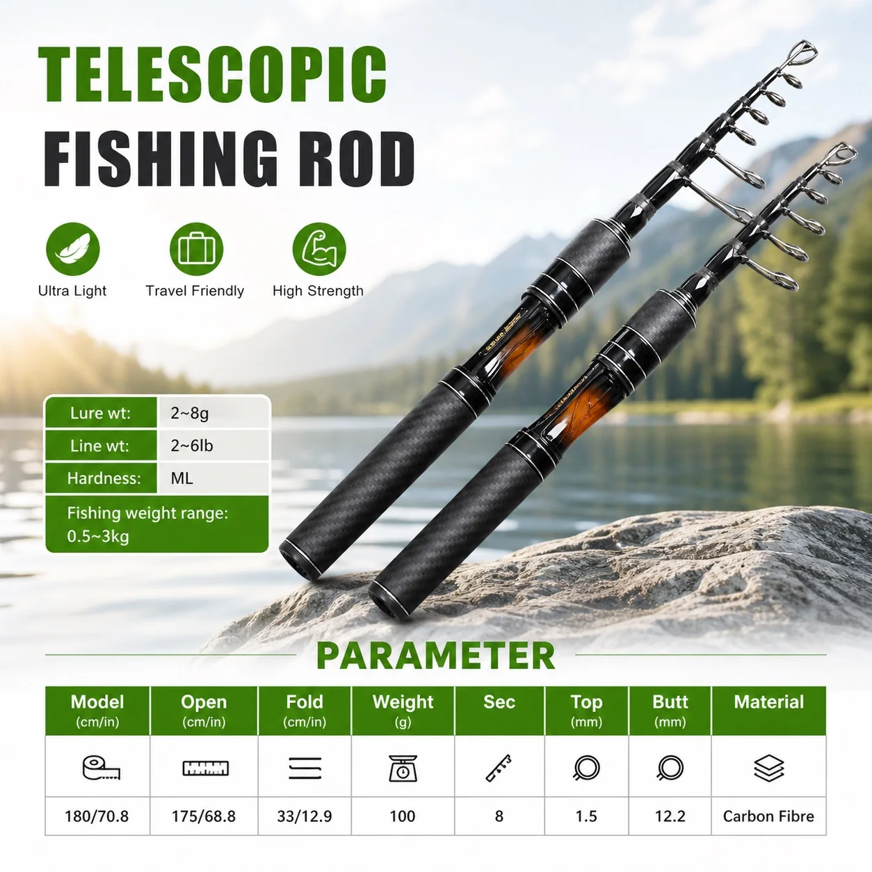 BAKAWA MINI 1,8M 100% Carbonfaser Teleskop-Reiseangelrute Tragbare Hochwertige Angelrute Geeignet für Fluss- und Bachfischen – Detail 2