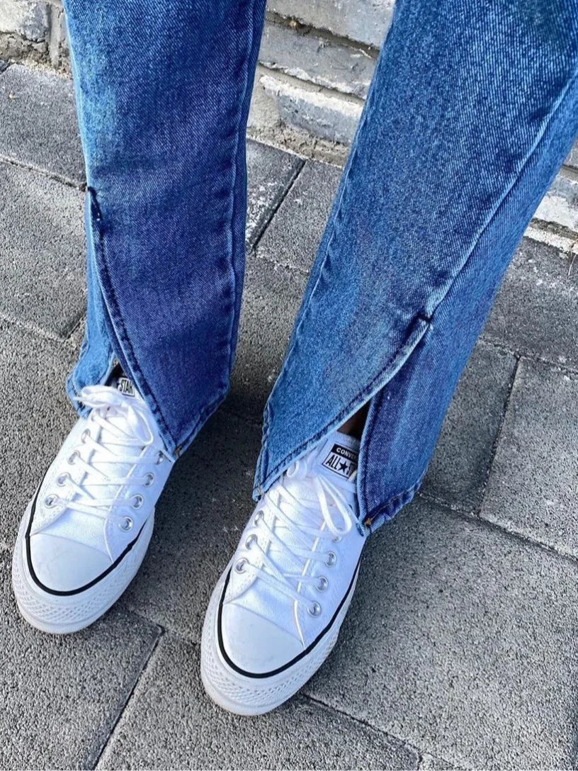 Afslankende denim jeans met hoge taille en split aan de voorkant Trendy vintage gevoel dames Faion lente herfst l taille jeans