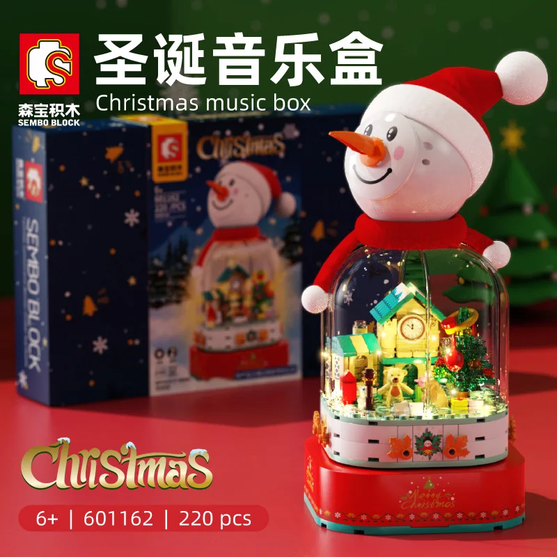 

Christmas Snowman Building Blocks Music Box Light Rotating Small Particle Assembly Children's Toy