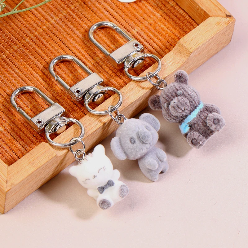 Kawaii Flocking Cat Keychain Cartoon Koala Bear Phone Pendant Headphone Case Charm Backpack Bag Decor Car Key Ring