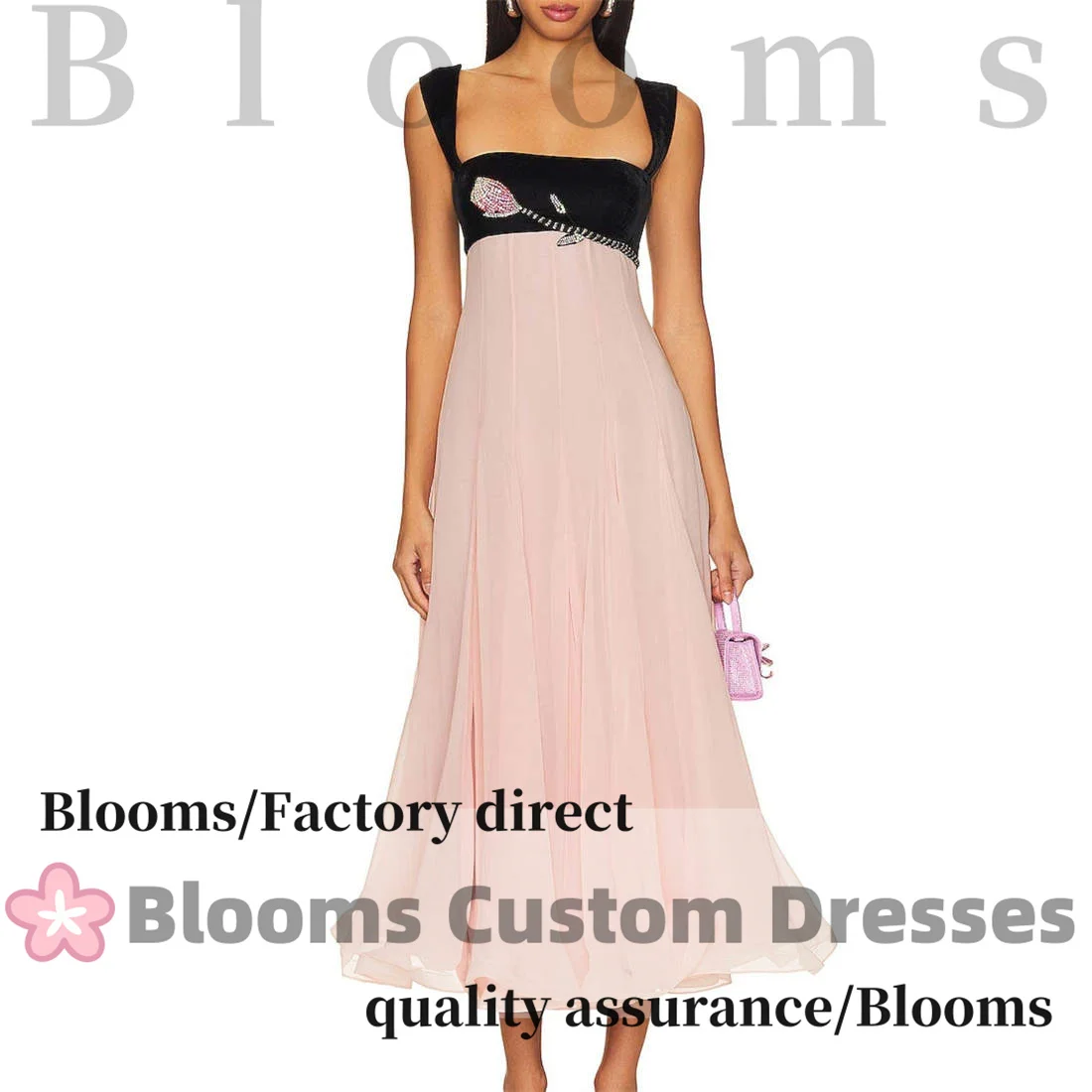 Blooms Customized Black Velvet Pink Chiffon Floral Crystal Evening Dress Sleeveless Sweet Prom Dress Birthday Formal Party Gown