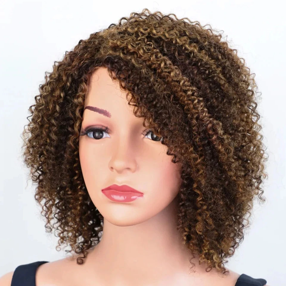 

Afro Kinky Curly Human Hair Wigs Human Hair Wig With Bangs Ombre Highlight Colored Peruvian Jerry Curly Bob Wig For Women