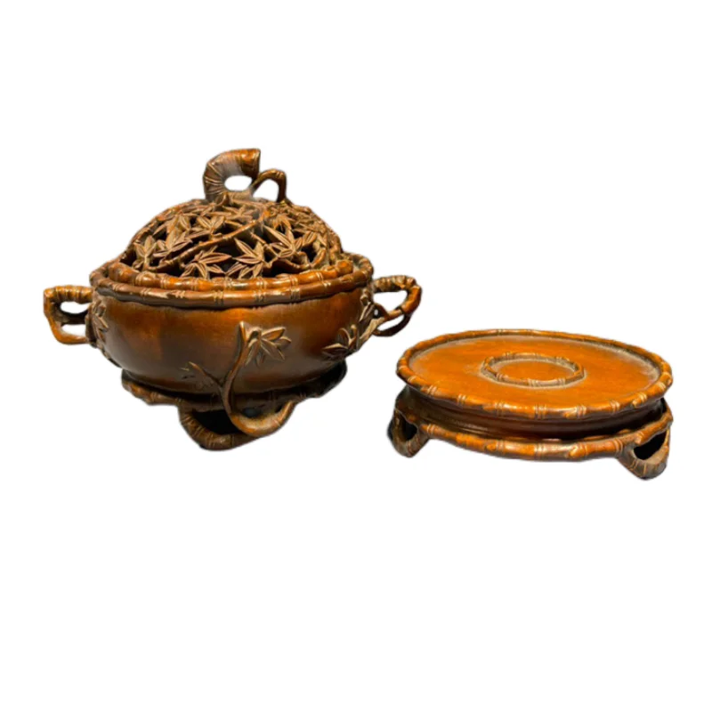 Small leaf boxwood carving plate incense burner antique incense household indoor tea ceremony solid wood covered base