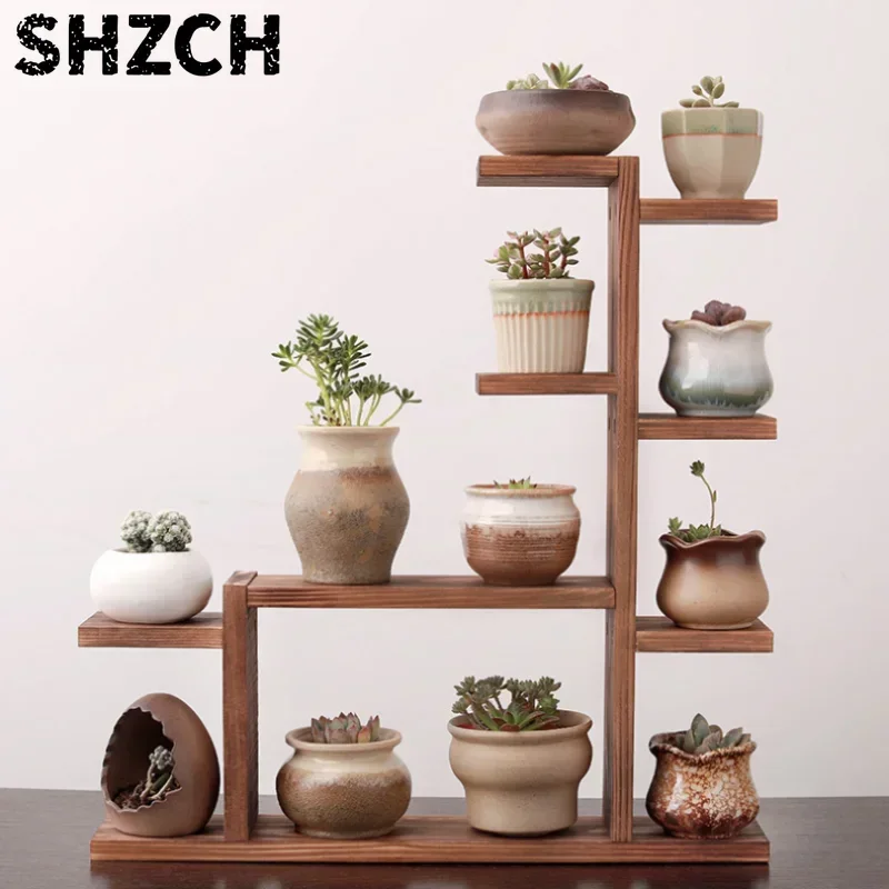 Decorative Indoor Wood Plant Stand Multi-layer Solid Wood Desktop Flower Display Stand Small Green Plant Rack