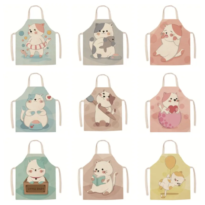 Cartoon parent-child linen apron with cat pattern kitchen anti-fouling sleeveless bib home cooking baking apron