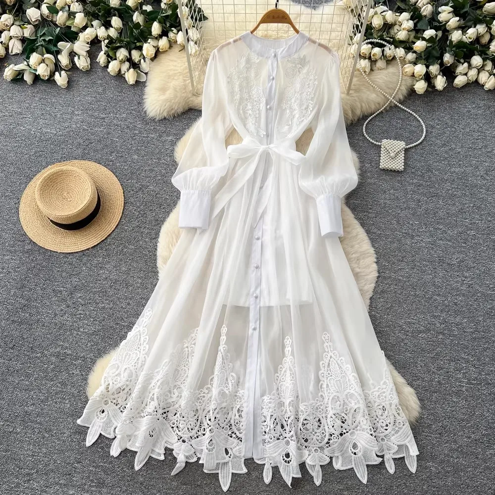

2026 Women Dress Summer Office Lady Elegant Long Sleeve Embroidery Shirt Casual Loose Single Breasted Lace Up Chiffon Dress