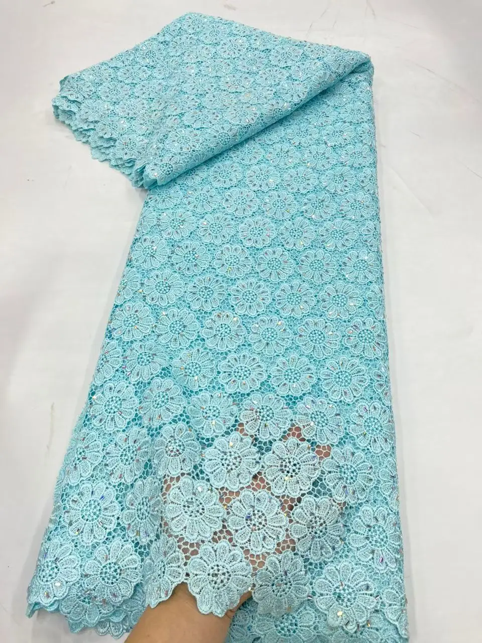African Nigerian High-Quality Cotton Wedding Tulle Lace Fabric Sequins Water Soluble 5 Yards for Party Dresses Sewing JL577