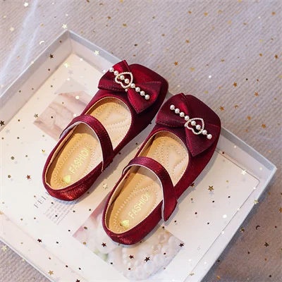 Pearl Love Bow Square Toe Wine Red Shoes for Girls, Girls 2024 Spring and Autumn Suede Casual Shoes, Size 23-34