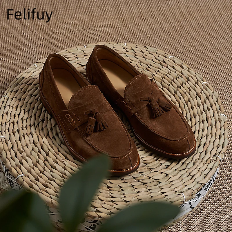 New Brown Men Flat Loafers Cow Suede Tassel Casual Formal Shoes Comfortable and Breathable party wedding dress spring shoes