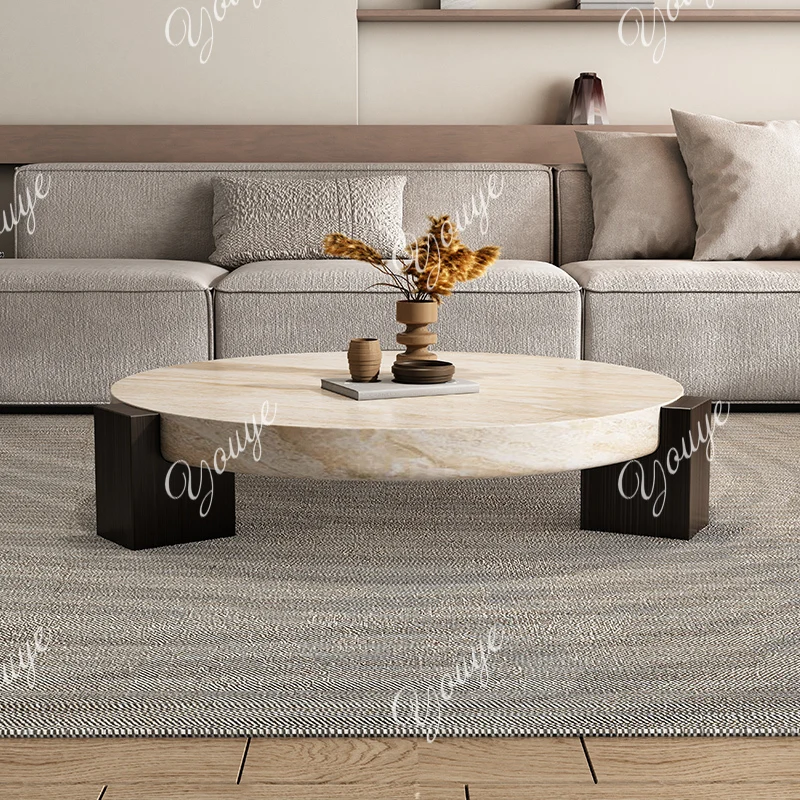

Travertine coffee table living room small apartment light luxury modern home creative art designer round