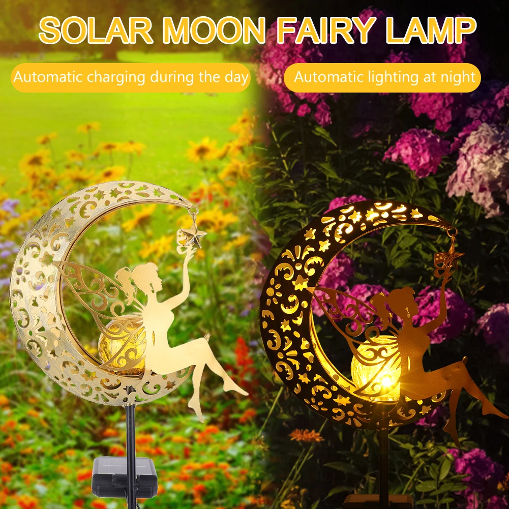 Fairy Moon Figurine Stake Light Waterproof Moon & Fairy Garden Solar Stake Light LED Metal Stake Ornament Unique Gift for Garden