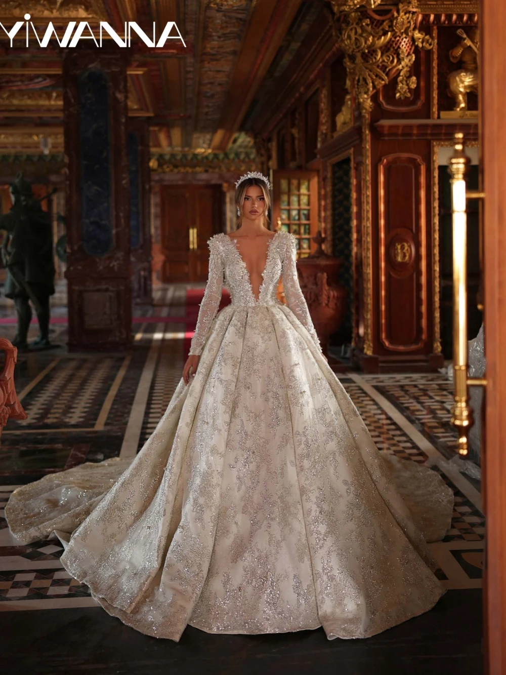 

New Hand-made Beaded Lace Wedding Dress Elegant V-neck Long Sleeve Bridal Gown Customized Luxury Princess Dresses For Bride