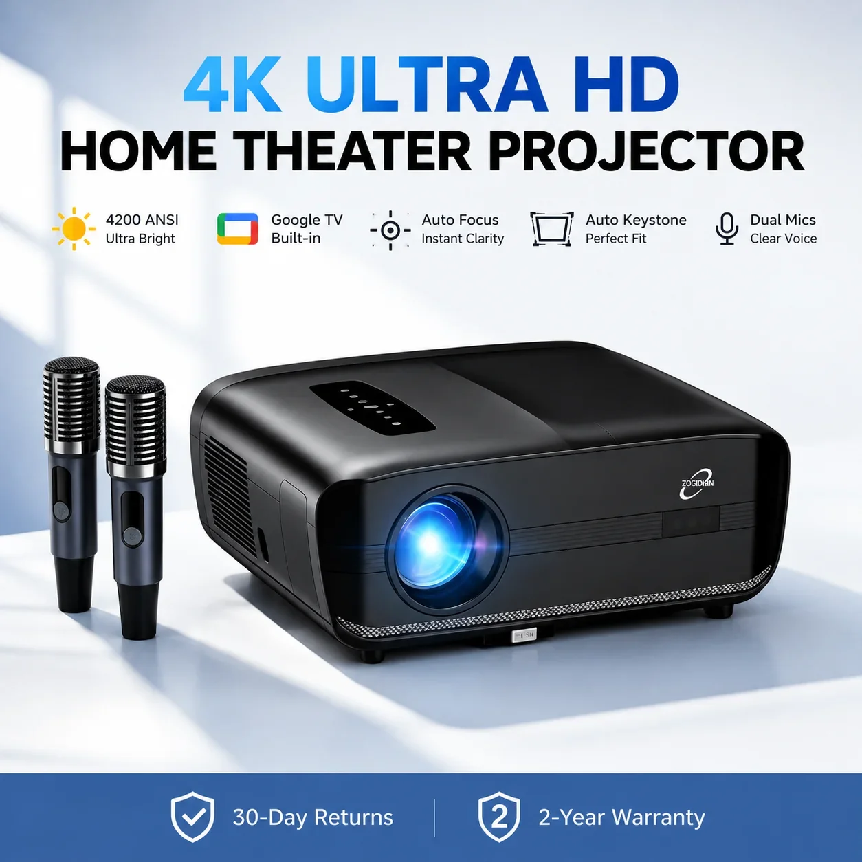 New 4200ANSI 1000D Google TV Projector 4K Supported Netflix Certified Auto Focus Home Theater HiFi Stereo with Dual Mic 2026