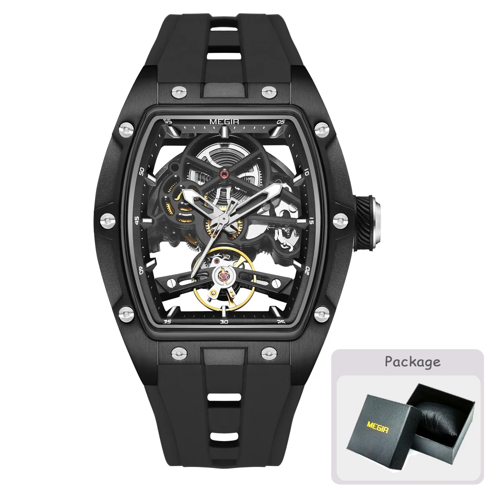 MEGIR Tonneau Skeleton Mechanical Watch for Men