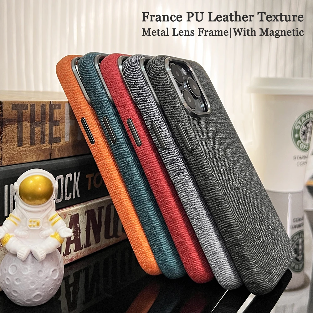 Denim Fabric Magnetic Phone Case For iPhone 12 13 14 15 Pro Max Metal Lens Ring Shockproof Cover For Magsafe Wireless Charging