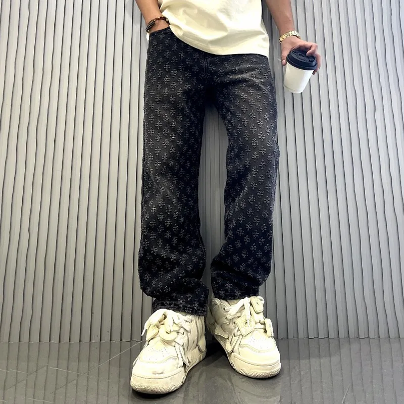 Jacquard Pattern Denim Pants Male Straight Fitting Baggy Bottoms Distressed Wide Jeans For Men