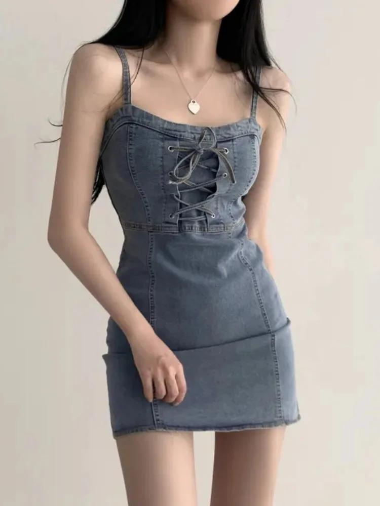 Retro Cross Strap Design Abnehmen Denim ter Dr frauen Chic Sommer Vintage Taille Cinched Dr Trendy Fem Kleidungsstück