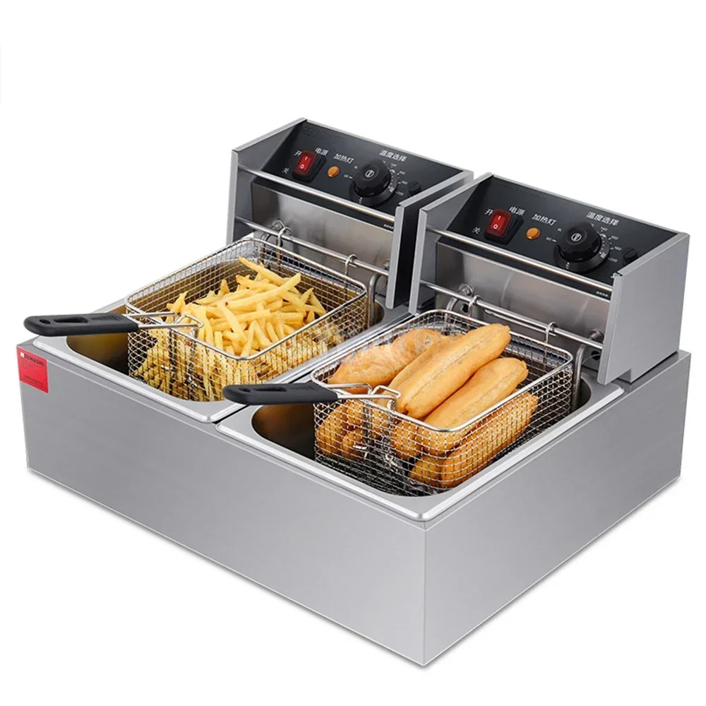 Double Deep Fryer Stainless Steel Electric Fryer Commercial Countertop Chicken French Fries Frying Chips Fryer 20L