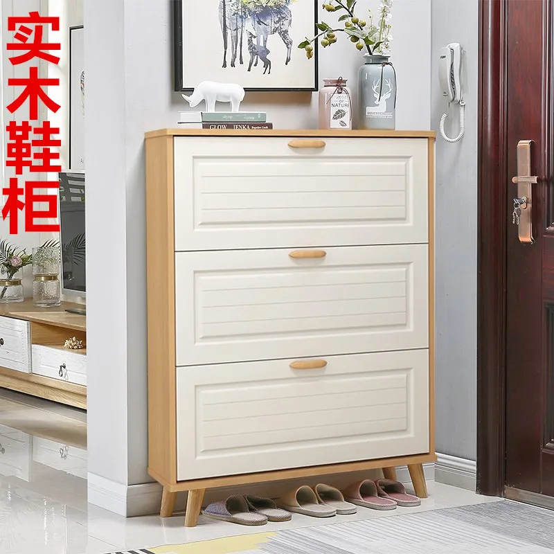 

Solid wood shoe cabinet ecological board, simple and ultra-thin flip bucket storage for household entrance, large capacity shoe