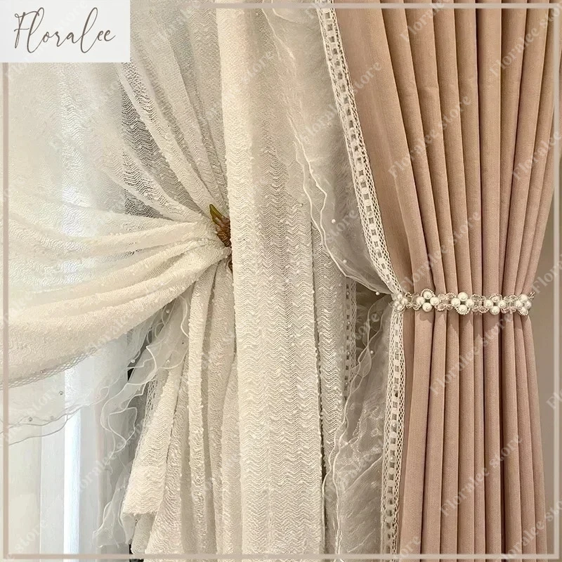 

French Luxury Retro Dirty Pink Cream Velvet Curtains For Living Dining Room Bedroom Hall Blackout Chenille Custom Lace Tulle