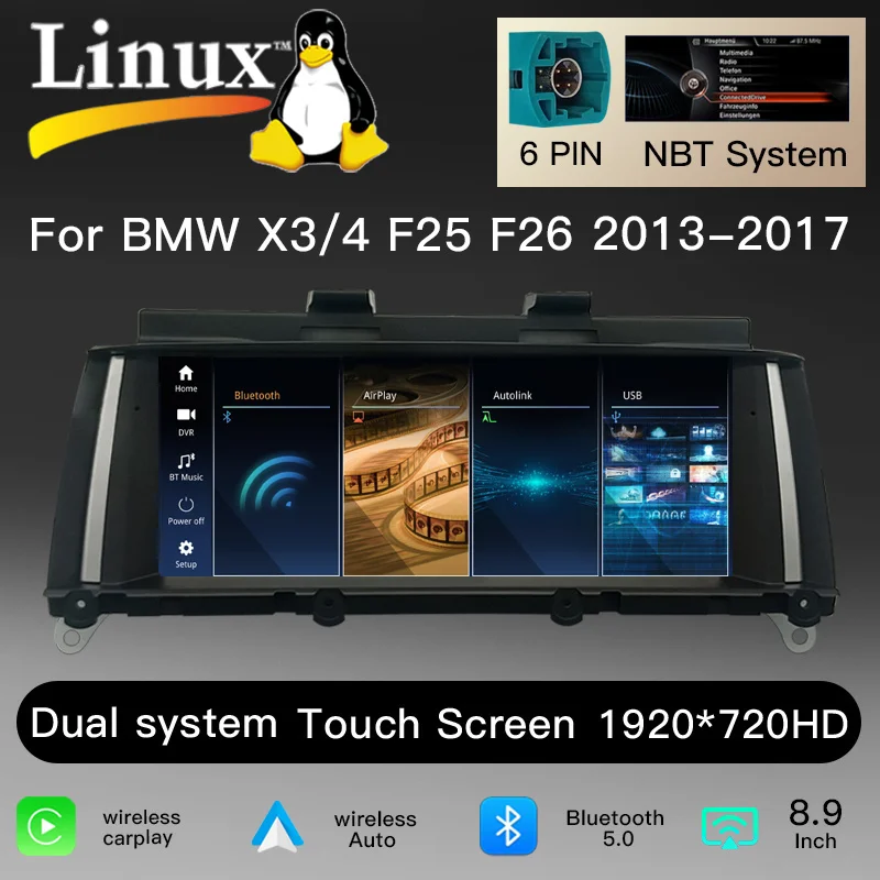 8,9" 1920*720 8+128GB Snapdragon 6125 Draadloze CarPlay Android 14 Autoradio voor BMW X3 F25 X4 F26 2010-2017 CIC NBT Scherm GPS Navigatie Auto Multimedia Speler Stereo DSP WiFi 4G Head Unit
