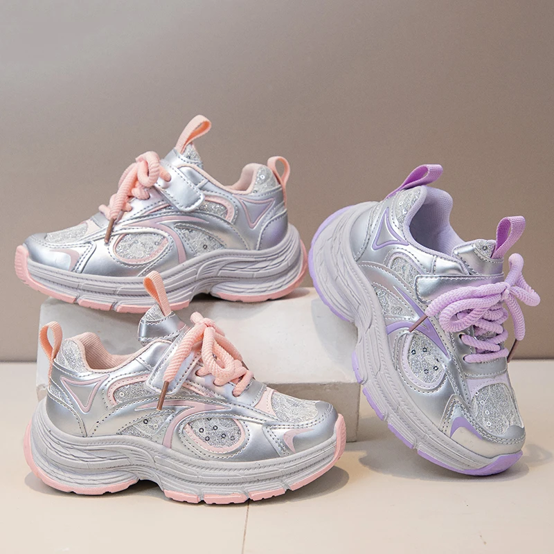 

2025 New Students Running Shoes Lace Sequin Girls Sneakers Hook&loop Kids Sports Shoes Princess Style Trendy Non-slip Soft
