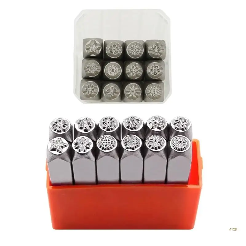 41XB 12-teiliges Blumen-Metallstanzer-Set 3 mm 6 mm (1/8 Zoll 1/4 Zoll) Stahl-Stempelwerkzeug zum Stempeln von Metall, Leder,