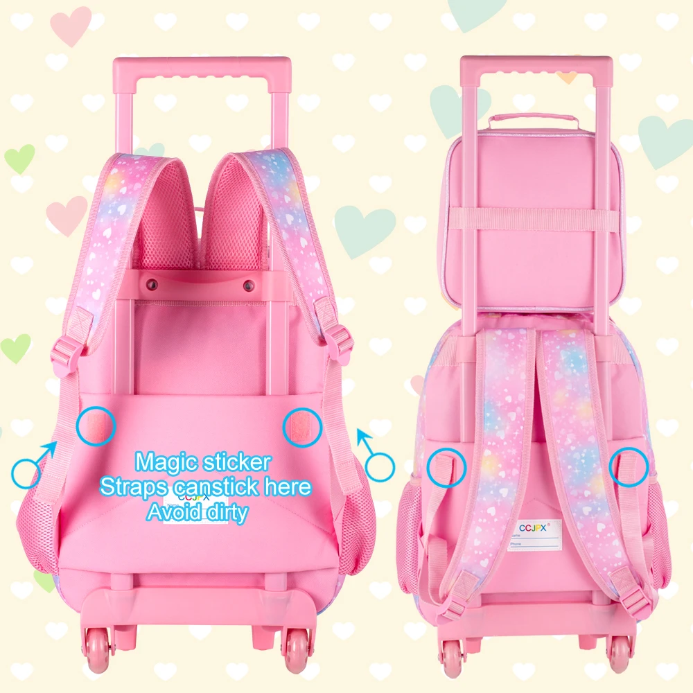 3PCS Rolling Backpack for Girls, Kids Roller Wheels Bookbag, Wheeled School Bag with Lunch Bag - Unicorn Pink