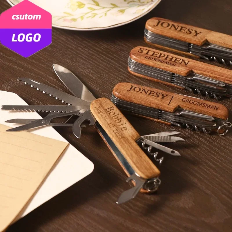 Laser Engrave Rose Wood Knife Personalize Festival Gift Custom LOGO Wooden Multifunctional Tool Wine Opener for Wedding Lover