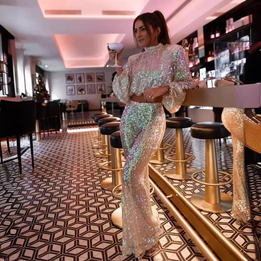 

Color Sequin Pants Sets Women Fashion Lantern Sleeves Cropped Top High Waist Trousers Two Piece Set Hot Girl Female Clothing