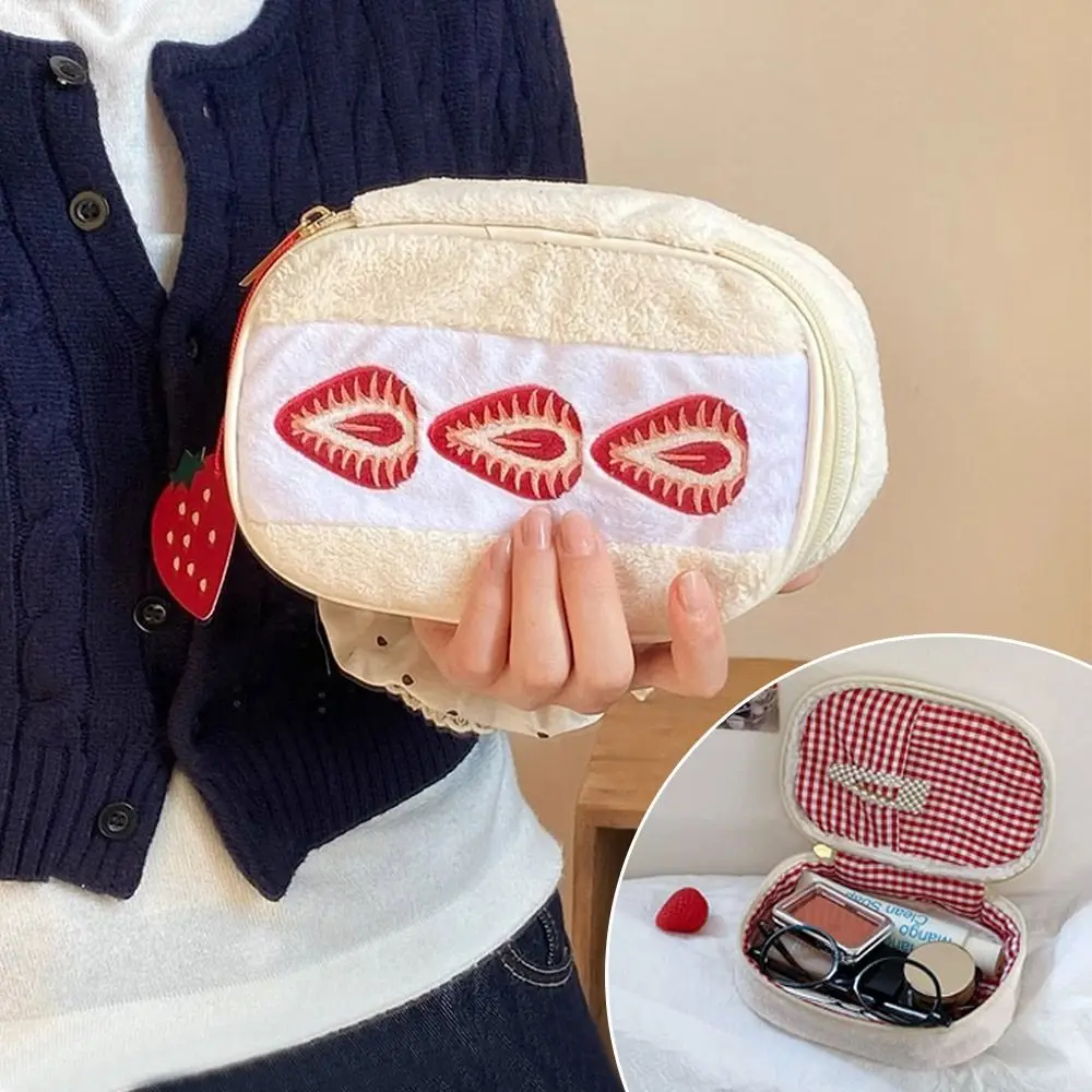 Kawaii Fuzzy Pen Bag Strawberry Sandwich Multi-functional Pencil Case Cute Embroidered Stationery Pouch Home Travel