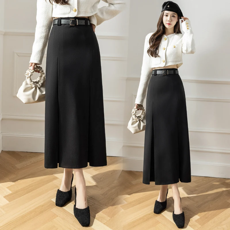 New 2023 Winter Wool Long Skirts For Women Retro High Waist Solid Pleated Skirt Vintage With Belt Brown Black Grey Falda Mujer