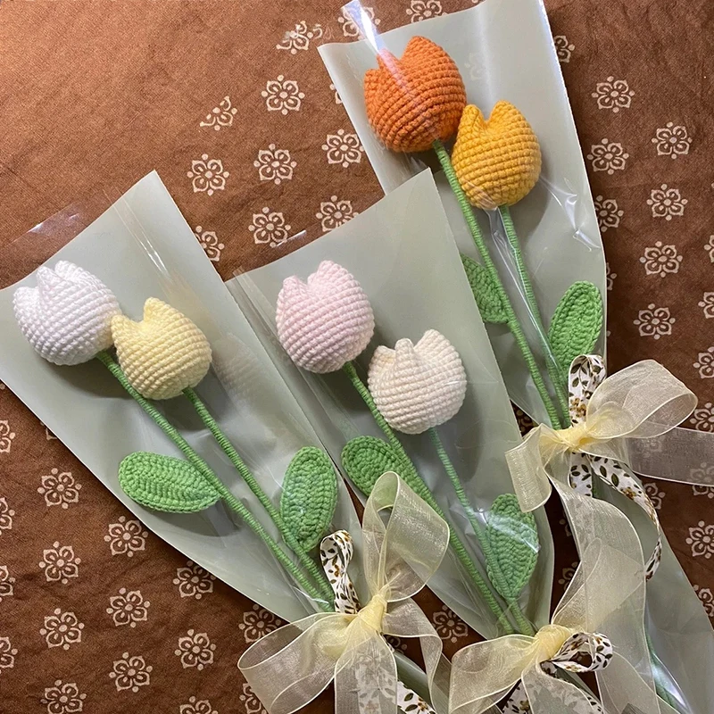 1/5Pcs Crochet Tulips Carnations Handmade Cotton Knitted Flowers DIY Flower Bouquet Birthday Wedding Mothers Valentines Day Gift