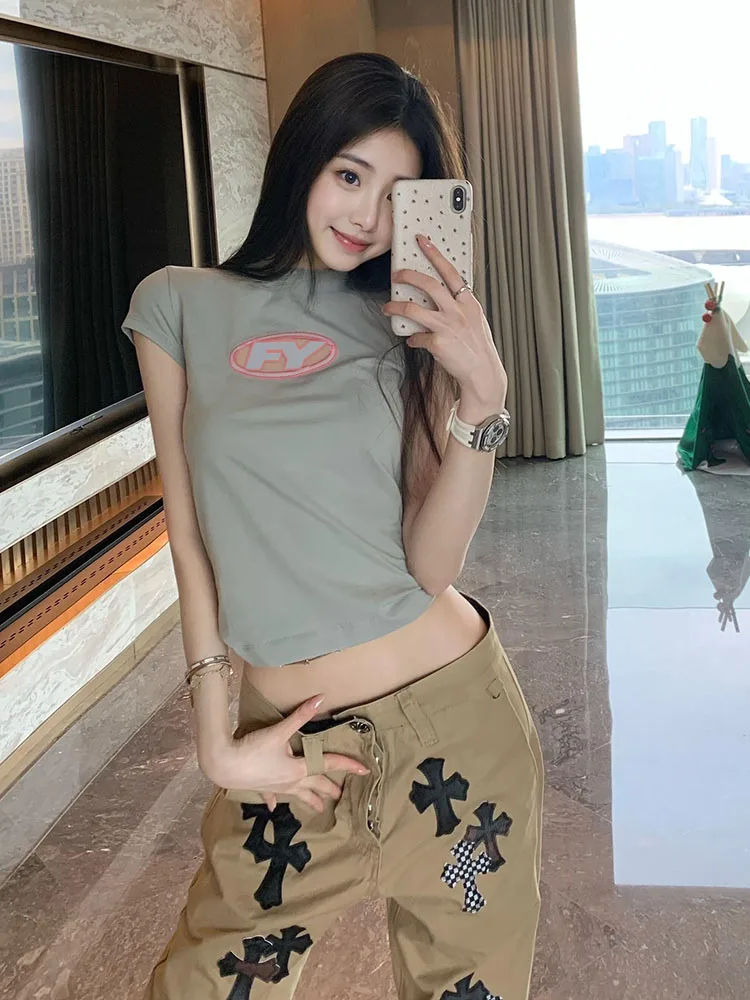 

Fuyuan ey Embroidered ort Sve T-irt Women's Faionable Casual Slim Fit Summer Top American Retro Spicy Girl Sle