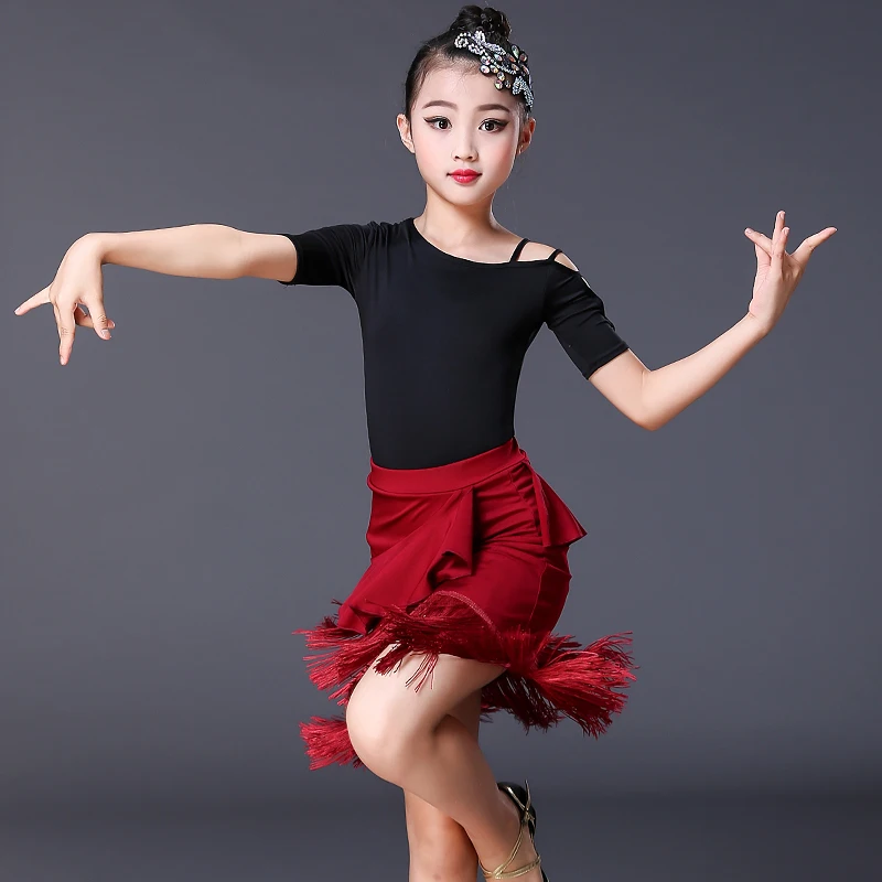 어린이 라틴 댄스 스커트 소녀 스플릿 라틴 술 댄스 스커트 훈련 의류 경쟁 공연 의류