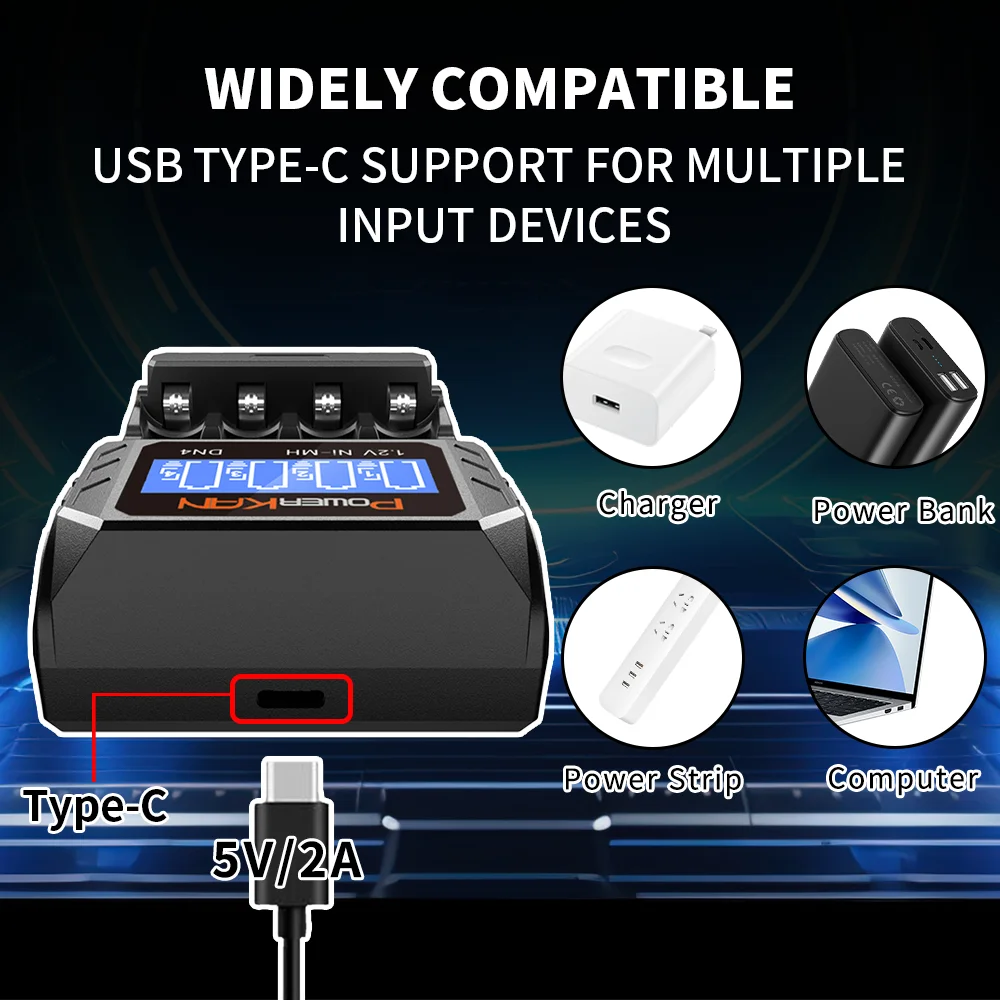 POWERKAN-cargador de batería DN4 con pantalla LCD para 4 baterías NiMH/Cd de 1,2 V, AA, AAA, Cable de carga USB tipo c