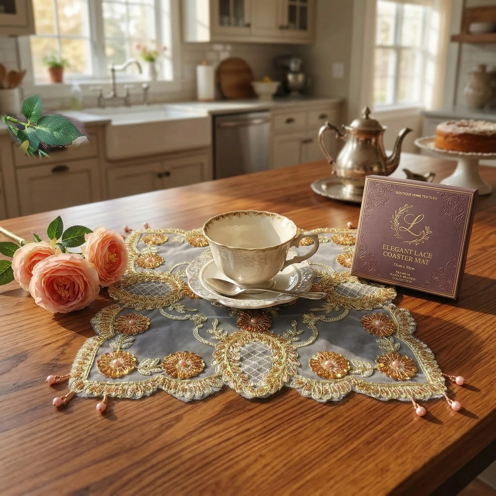 Placemat Set Luxury Ramadan Plate Mat Embroidery Coasters Decorative Table Pads Holiday Table Decorations Pink Room Decor