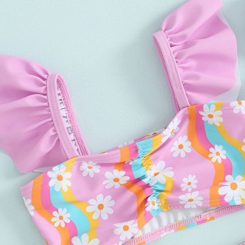 Maillot de bain 3 pièces pour tout-petits, imprimé arc-en-ciel, plissé, petite fleur, ensemble bikini avec capuche, fendu, été, nouveau, 0-3T