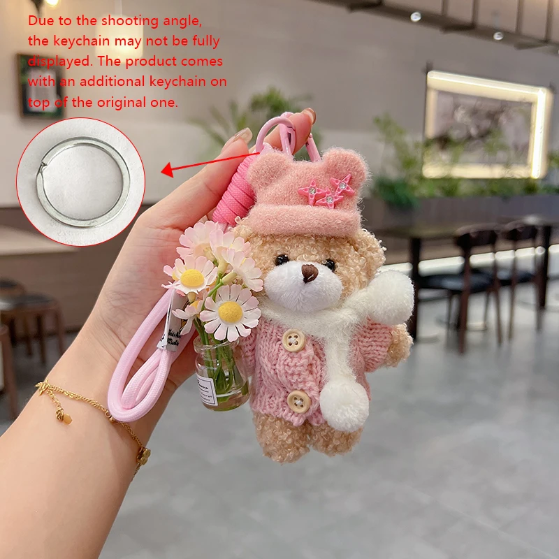 Plush teddy bear keychain hanging decoration, fashionable holding vase, cartoon bag decoration pendant, couple style keychain, c