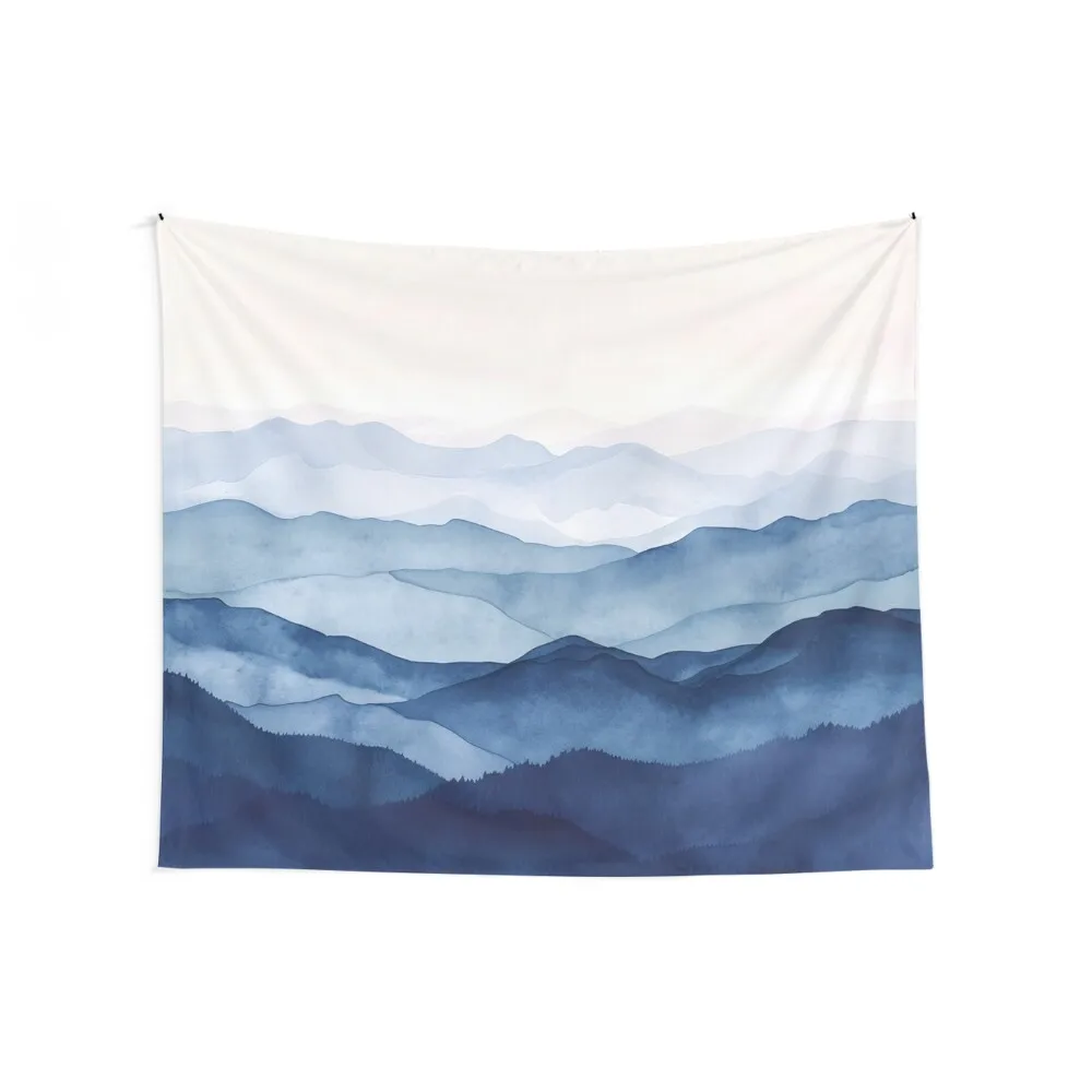 Blue Misty Mountains Watercolor Indigo Tapestry Wall Hanging Wall Art Tapestry